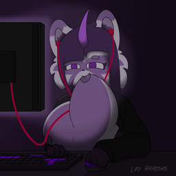 anthro auto_breast_lick big_breasts breast_lick breast_play breasts chair computer_keyboard computer_monitor computer_mouse earbuds electronics female furniture headphones horn huge_breasts licking masturbation multicolored_body nude office_chair purple_eyes self_lick solo tongue las_raposas titty_sucking_method mammal procyonid raccoon 1:1 hi_res