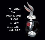 anthro black_background clothing fur gloves grey_body grey_fur handwear looking_at_viewer male profanity simple_background solo suit text phillip-banks i_wish_all_a_very_pleasant_evening looney_tunes warner_brothers bugs_bunny lagomorph leporid mammal rabbit english_text meme