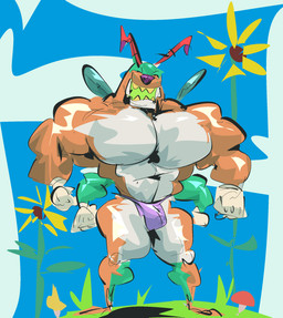 4_arms anthro barazoku beeware+ big_muscles big_pecs calf_muscles clothing fangs male multi_arm multi_limb muscular muscular_male pecs simple_background smile solo standing teeth thong top_heavy underwear wings wetyuip everything_is_crab arthropod canid canine hybrid insect mammal hi_res