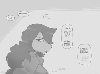 anthro breasts clothed clothing ellipsis female hair inner_monologue long_hair non-mammal_breasts question solo text thinking unsure averysweatyboy deltarune undertale_(series) susie_(deltarune) reptile scalie comic english_text monochrome