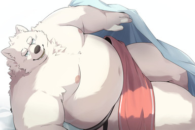 anthro bedding belly big_belly blanket clothing fur humanoid_hands kemono male moobs navel nipples overweight overweight_male solo underwear white_body white_fur noctnoc canid canine canis domestic_dog mammal 2024 hi_res