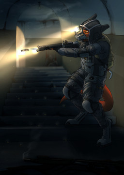ambiguous_fluids ambiguous_gender anthro armor backpack blood bodily_fluids body_armor boots bullet_casing camo camo_clothing camo_print clothed clothing corpse crowbar detailed_background digitigrade elbow_pads eyewear flashlight footwear furgonomic_footwear furgonomic_headwear furgonomics gas_mask goggles grey_clothing gun hat headgear headlamp headwear holding_gun holding_object holding_ranged_weapon holding_rifle holding_weapon inside knee_pads lamp mask orange_body pattern_clothing ranged_weapon rifle shoes smoke solo stairs standing tail tapering_tail tools tunnel underground weapon yellow_eyes devrattus project_silverfish inheritor lizard reptile scalie 2025 hi_res