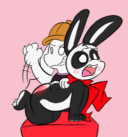 all_fours anthro blush butt butt_slap clothing dominant dominant_female duo female grin hat headgear headwear male open_mouth scarf sharp_teeth slap smile spanking teeth sleepyly canid canine canis domestic_dog hybrid lagomorph leporid mammal rabbit hi_res