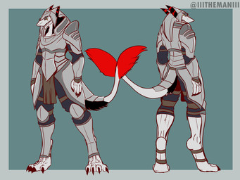 anthro armor barefoot biped black_body black_fur bottomwear breastplate claws clenched_teeth clothed clothing dipstick_tail feet fingers front_view fur greaves green_background green_eyes looking_forward male markings multiple_poses pants pauldron plate_armor pose rear_view red_body red_claws red_fur scar shirt simple_background smile solo standing straps tail tail_markings tail_tuft teeth topwear tuft vambrace white_body white_fur the_man vargos_silverfang mammal sergal 2022 4:3 absurd_res hi_res signature