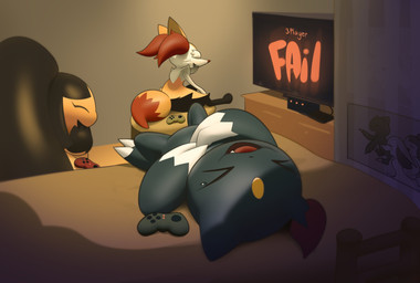 2_fingers 2_toes 3_fingers ambiguous_anthro ambiguous_gender anthro arm_tuft bed biped black_body black_fur black_nose controller cute_fangs digitigrade dipstick_tail electronics eyelashes eyes_closed facepalm fangs feet fingers flat_chested fur furniture gaming group hip_tuft inner_ear_fluff inside laugh lying markings multicolored_body multicolored_fur nude_ambiguous nude_anthro on_back on_bed open_mouth open_smile orange_body orange_fur orange_inner_ear_fluff orange_nose orange_tail_tip photo playing_video_game pointy_ears prick_ears rear_view shoulder_tuft side_view sitting smile tail tail_markings tapering_snout teeth television text toes trio tuft two_tone_tail white_body white_fur xd yellow_body yellow_fur yellow_tail inkune nintendo pokemon braixen canid generation_2_pokemon generation_3_pokemon generation_6_pokemon mammal mawile pokemon_(species) sneasel 2021 colored digital_drawing_(artwork) digital_media_(artwork) english_description english_text hi_res shaded