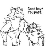 anthro duo good_boy male petting size_difference text tired_eyes tongue tongue_out sirdoomwolf nintendo pokemon arcanine blaziken generation_1_pokemon generation_3_pokemon pokemon_(species) 1:1 english_text monochrome