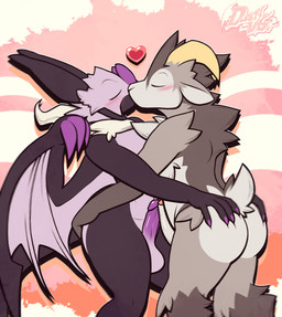 anthro back_wings balls black_body black_fur butt butt_grab curved_horn duo erection eyes_closed fur genitals grey_body grey_fur hand_on_butt heart_symbol horn humanoid_genitalia humanoid_penis kissing male male/male membrane_(anatomy) membranous_wings nude penis purple_body purple_fur purple_membrane white_body white_fur wings dustythebat nintendo pokemon bovid caprine generation_6_pokemon mammal noivern pokemon_(species) sheep hi_res