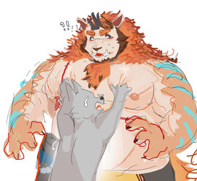 anthro barazoku belly clothed clothing duo grope groping_chest horn male male/male musclegut muscular nipples pecs size_difference topless topless_anthro topless_male tusks aican6262 xxl_woofia suichong nian_(species) absurd_res hi_res