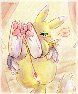 anthro anus black_sclera blue_eyes blush butt butt_focus feet female foot_focus fur genitals hand_on_butt pawpads paws presenting solo tail text vulva white_body white_fur yellow_body yellow_fur catptapathy bandai_namco digimon canid digimon_(species) mammal renamon artist_name