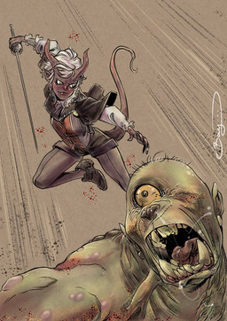 action_pose alternative_fashion bald blood bodily_fluids bottomwear capelet chasing clothed clothing drooling duo female footwear front_view fully_clothed green_body green_skin hair high-angle_view holding_melee_weapon holding_object holding_sword holding_weapon humanoid_pointy_ears imminent_death j-fashion looking_back male melee_weapon on_one_leg one_eye_closed open_mouth orange_sclera ouji_(fashion) plantigrade pointy_ears pose rapier reaching saliva scared shoes shorts simple_background snot speed_lines standing sword textured_background tongue tusks weapon white_hair wide_eyed young bayushi6 vigil_nightwarden humanoid orc tiefling 2018