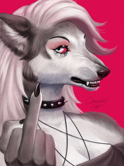 annoyed anthro breasts claws clenched_teeth clothed clothed_anthro clothed_female clothing collar female finger_claws fingers fist fur gesture grey_body grey_clothing grey_fur grey_topwear hair hand_gesture head_turned humanoid_hands long_hair looking_at_viewer medium_breasts middle_finger open_mouth red_background red_sclera simple_background snarling solo spiked_collar spikes teeth text topwear whiskers white_body white_eyes white_fur white_hair concretecat hellaverse helluva_boss mythology loona_(helluva_boss) canid canid_demon canine demon hellhound mammal mythological_canine mythological_creature 3:4 artist_name bust_portrait colored hi_res portrait shaded