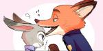 anthro clothing dotted_background duo female fur head_nom male nom open_mouth pattern_background police police_uniform simple_background uniform white_background kurohaai disney zootopia judy_hopps nick_wilde canid canine european_rabbit fox lagomorph leporid mammal oryctolagus rabbit 2018