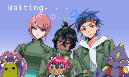 accessory anthro bivalve_shell black_hair blue_hair female feral group hair headband male mollusk_shell pink_hair purple_body sharp_teeth shell teeth doodledigi bandai_namco digimon digimon_beatbreak granit_(digimon_beatbreak) hotaruko_kanuma raito_souda digimon_(species) human ludomon mammal monodramon syakomon 5:3 hi_res