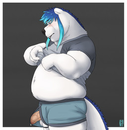 anthro balls blush bodily_fluids boxer_briefs clothed clothing clothing_lift dripping erection genital_fluids genitals humanoid_genitalia humanoid_penis looking_down male overweight overweight_anthro overweight_male penis penis_poking_out penis_through_fly precum precum_drip shirt shirt_lift simple_background solo standing tail topwear underwear kronexfire mythology krone_(kronexfire) bear dragon hybrid mammal mythological_creature mythological_scalie scalie 2018 hi_res
