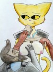 anthro armor beard breast_grab breastfeeding breasts brown_hair clothed clothing clothing_lift duo eating eating_food facial_hair female food frown fur gloves goatee hair hand_on_breast handwear human_on_anthro interspecies jewelry male male/female nipples partially_clothed sandwich_(food) tail yellow_body yellow_eyes yellow_fur xoxmatch_(artist) microsoft prequel_adventure the_elder_scrolls gaius_(prequel) katia_managan felid human khajiit mammal 2023 hi_res traditional_media_(artwork)