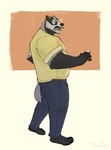 anthro belly black_body black_fur bottomwear clothing facial_hair fur grey_body grey_fur male muscular muscular_male open_mouth pants paws shirt simple_background solo standing surprised_expression tail teeth topwear patadeperro echo_(series) echo_project the_smoke_room nikolai_krol badger mammal mustelid musteline hi_res