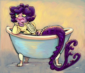 bathtub clothing dress female hair purple_body purple_hair purple_scales purple_skin scales solo split_form text yellow_eyes pettypalps aquatic deep_one_(h.p._lovecraft) merfolk 2023 digital_media_(artwork) digital_painting_(artwork) english_text hi_res painting_(artwork)