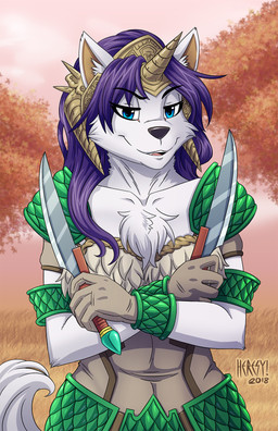 anthro armor athletic black_nose blue_eyes breasts chest_tuft clothing dagger exposure_variation female fur gloves grass hair handwear headdress headgear helmet horn looking_at_viewer melee_weapon outside plant purple_hair solo tree tuft weapon white_body white_fur heresy_(artist) legend_of_mana mana_(series) square_enix sierra_(mana) canid canine canis mammal wolf 2018 digital_media_(artwork) hi_res shaded