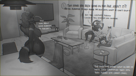 anthro biped bodily_fluids breasts butt detailed_background dialogue electronics fellatio female female_penetrated fluffy fluffy_tail furniture group inside male male/female male_penetrating nude oral penetration penile sex sitting sofa sweat sweaty_breasts tail television text wide_hips sincrescent hush_(demivo) zock bovid canid canine caprine mammal rodent 16:9 english_text hi_res widescreen