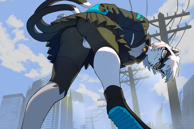 2_tails anthro balls black_body black_fur black_nose bottomwear butt city city_background cityscape clothing eyewear femboy footwear fur genitals glasses hair jacket looking_at_viewer male multi_tail shoes skirt sky sneakers tail topwear white_body white_fur white_hair ashary domestic_cat felid feline felis mammal 3:2 hi_res