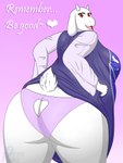 anthro big_butt bovid_horn butt butt_focus butt_keyhole_panties caprine_horn clothed clothing clothing_lift female floppy_ears fur goat_horn heart_clothing heart_keyhole_panties heart_panties heart_symbol heart_underwear horn huge_butt keyhole_clothing keyhole_panties keyhole_underwear mature_anthro mature_female panties presenting presenting_hindquarters purple_clothing purple_panties purple_underwear raised_tail red_eyes scut_tail short_tail solo tail text underwear white_body white_fur optixpanda undertale undertale_(series) toriel boss_monster_(undertale) bovid caprine mammal absurd_res hi_res