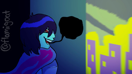 armor bangs blue_body blue_hair blue_skin blue_wall breastplate cape clothed clothed_human clothed_male clothing hair human_only light looking_at_viewer male male_human not_furry open_mouth open_smile purple_cape purple_clothing red_eyes red_tongue side_view smile smiling_at_viewer snowgrave solo speech_bubble teeth text tongue wall_(structure) flamigoat deltarune undertale_(series) kris_dreemurr human mammal 16:9 2025 artist_name bust_portrait colored digital_drawing_(artwork) digital_media_(artwork) english_description hi_res lighting portrait shaded widescreen