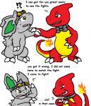 bow_(feature) bow_tie brown_eyes charmeleon comic dialogue duo english_text eyewear fire flaming_tail generation_1_pokemon goggles green_eyes grey_body guil_bunny_(artist) kishin_the_nidoran male necktie nidoran nidoran♂ nintendo orange_body orange_skin pokemon pokemon_(species) red_body scalie simple_background tail text white_background