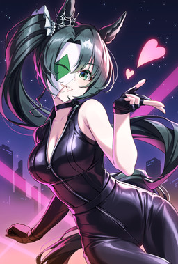 black_hair blowing_kiss breasts cleavage clothed clothing female fingerless_gloves gloves green_eyes hair handwear heart_symbol jumpsuit mask ponytail solo tail zipper tomo_(tmtm_mf_mf) cygames uma_musume_pretty_derby satono_crown_(pretty_derby) animal_humanoid equid equid_humanoid equine equine_humanoid horse_humanoid humanoid mammal mammal_humanoid 2025 hi_res