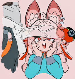 ambiguous_gender anthro blush casual_clothing chibi clean_lines clothing duo ear_accessory electronics female fluffy fur genitals hand_on_cheek happy hat headgear headphones headwear hoodie long_ears open_mouth penis penis_in_face pink_body pink_fur red_eyes simple_background small_body surprised topwear white_body white_fur ferichx mihoyo zenless_zone_zero zhao domestic_cat felid feline felis hybrid lagomorph leporid mammal rabbit colored digital_media_(artwork) pastel_theme