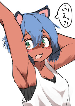 anthro armpit_fetish armpit_hair blue_hair blush body_hair breasts brown_body brown_fur cleavage clothed clothing female fur green_eyes hair interrobang kemono looking_at_viewer open_mouth raised_arm shirt simple_background small_breasts solo tank_top text topwear white_background white_clothing white_shirt white_tank_top white_topwear kagarimachi_ame brand_new_animal studio_trigger michiru_kagemori canid canine mammal raccoon_dog tanuki digital_media_(artwork) japanese_text