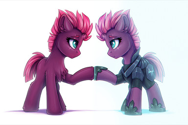armor broken_horn chest_tuft clothing duo eye_scar eyelashes facial_scar female feral fluffy footwear fur hair hand_holding horn inner_ear_fluff mohawk pink_hair pink_tail purple_body purple_fur reflection scar shoes simple_background tail tuft white_background zeepheru_pone friendship_is_magic hasbro my_little_pony my_little_pony:_the_movie_(2017) mythology tempest_shadow_(mlp) equid equine mammal mythological_creature mythological_equine unicorn 2023 3:2 digital_media_(artwork)
