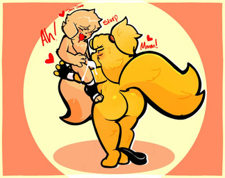 anthro big_butt big_tail blush blush_lines bodily_fluids bottomwear bottomwear_around_one_leg bottomwear_down breath butt clothing clothing_around_one_leg cum cum_in_mouth cum_inside duo ejaculation eyes_closed fellatio female fingerless_gloves footwear genital_fluids genitals gloves hair handwear heart_symbol hearts_around_head interjection male male/female onomatopoeia oral panting penile penis pinned pinned_to_wall ponytail sex shorts shorts_around_one_leg size_difference socks sound_effects standing tail text toeless_footwear toeless_socks yellow_body heyomaerow brooke_(heyomaerow) redd_(heyomaerow) bird_dog canid canine canis domestic_dog golden_retriever hunting_dog mammal retriever hi_res