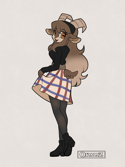 accessory anthro boots bottomwear brown_body brown_eyes brown_fur brown_hair clothed clothed_anthro clothed_female clothing female female_anthro footwear fully_clothed fully_clothed_anthro fully_clothed_female fur hair hair_accessory hairband horizontal_pupils horn looking_at_viewer mature_anthro mature_female open_mouth open_smile pose pupils shirt shoes skirt smile smiling_at_viewer solo text topwear okaliz adeline_(okaliz) bovid caprine goat mammal artist_name colored detailed digital_drawing_(artwork) digital_media_(artwork) english_text full-length_portrait hi_res portrait shaded signature
