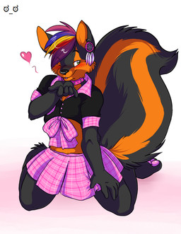 anthro barefoot biped blowing_kiss bottomwear button_(fastener) clothed clothing collar collared_shirt crossdressing dreamcatcher dress_shirt ear_piercing feathers feet femboy fluffy fluffy_tail green_eyes heart_symbol jewelry kneeling male midriff miniskirt one_eye_closed pattern_clothing pawpads paws piercing plaid plaid_clothing rainbow ribbons shirt short_sleeves simple_background skirt solo studs tail topwear white_background wink ಠ_ಠ pupspace axel_(zorrofeta) canid canine canis domestic_dog mammal