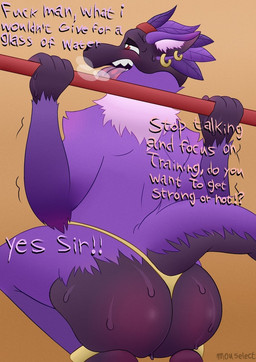 aged_up anthro arm_tuft bent_legs big_butt black_eyeshadow black_nose blush bodily_fluids body_blush breath butt butt_blush clothing command crouching dialogue drooling ear_piercing ear_ring elbow_tuft exercise eyeshadow feather_headdress foot_blush fur glistening glistening_eyes gradient_background hairless_butt hairless_face hairless_hands holding_object holding_weights inner_ear_fluff kerchief makeup male neck_tuft obedient panties piercing profanity pupils purple_body purple_fur purple_skin red_eyes red_kerchief ring_piercing saliva sharp_teeth shoulder_tuft simple_background slightly_chubby solo submissive submissive_anthro submissive_male sweat sweaty_butt sweaty_face sweaty_hands tail tail_tuft teeth text text_shadow thick_tail thirsty tongue tongue_out toony training training_weights tribal tuft underwear weightlifting white_body white_fur white_pupils workout yellow_anklet yellow_background yellow_clothing yellow_ear_ring yellow_panties yellow_underwear mouselect haplorhine lizard mammal monkey primate reptile scalie digital_drawing_(artwork) digital_media_(artwork) digital_painting_(artwork) english_text hi_res painting_(artwork)
