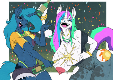 anthro areola big_breasts biped blue_body blue_eyeshadow breast_size_difference breasts clothed clothing cutie_mark duo eyelashes eyeshadow female hair horn long_eyelashes makeup nipple_dip pupils smile soft_abs thick_thighs thong thong_straps underwear wet_breasts wet_hair white_body zwitterkitsune friendship_is_magic hasbro my_little_pony mythology princess_celestia_(mlp) princess_luna_(mlp) equid equine mammal mythological_creature mythological_equine unicorn 2026 dated sibling_(lore) sister_(lore) sisters_(lore)
