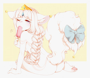 5_fingers accessory anthro biped blonde_hair blue_eyes blush bow_(feature) bow_accessory bow_ribbon breasts facial_markings female fingers food fur furgonomics glistening glistening_eyes hair head_markings heart_(marking) inner_ear_fluff licking_popsicle light_body light_fur light_inner_ear_fluff looking_at_viewer looking_back markings one_eye_closed pawpads pink_inner_ear pink_nose pink_pawpads popsicle ribbons simple_background solo star tail tail_accessory tail_bow tail_ribbon tan_body tan_fur tan_inner_ear_fluff three-quarter_view tuft sonyan 2018 digital_media_(artwork) shaded