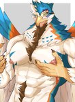 abs anthro beak big_nipples blue_body blue_feathers blush bodily_fluids body_hair brown_body brown_feathers chest_tuft claws eyewear feathers finger_claws happy_trail lactating male male_lactation mohawk muscular muscular_male nipples nude open_mouth orange_body orange_feathers solo sunglasses talon_hands tuft wings mofuritai_art dion_(anothereidos_r) accipitrid accipitriform avian bird eagle hi_res