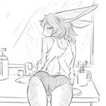 anthro bathroom brush butt clothing eyelids female fluffy fluffy_tail fur fur_tuft hair leaning leaning_forward long_ears long_hair looking_at_viewer looking_back looking_back_at_viewer messy_hair mirror panties rear_view scut_tail shirt short_tail simple_background sink sleeveless_shirt solo tail tank_top tired tired_eyes toothbrush topwear tuft underwear tateoftot lagomorph leporid mammal rabbit 1:1 hi_res monochrome sketch