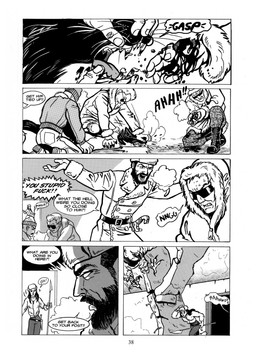 angry anthro attack bite biting_hand black_body black_fur black_tail blood blood_in_mouth blood_on_hand bodily_fluids cheek_tuft claws clothing coat cold command countershade_neck countershading dialogue duo eyewear facial_tuft fangs female feral fight flying fur glasses group hand_on_head hat headgear headwear holding_another holding_melee_weapon holding_object holding_polearm holding_spear holding_weapon inner_ear_fluff looking_at_another male melee_weapon open_mouth opening_mouth pain panicking pince-nez pinned pinned_by_hand pinned_to_ground polearm profanity resisting ruins screaming sharp_teeth spear speech_bubble steamy_breath sunglasses tail teeth text tongue topwear trenchcoat tuft ushanka weapon whiskers wound_on_hand wounded yelling yelling_at_another roz_gibson scott_ruggels harpy_(roz_gibson) jack_salem accipitrid accipitriform avian bird eagle gulonine harpy_eagle human mammal marten mustelid musteline sable_(marten) 2002 artist_collaboration black_and_white comic english_text hi_res monochrome