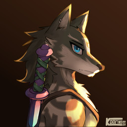 anthro anthrofied blue_eyes cheek_tuft chest_tuft chin_tuft ear_piercing eyebrows facial_tuft fur gradient_background grey_body grey_fur male melee_weapon piercing simple_background solo sword text tuft weapon kooriki nintendo the_legend_of_zelda link_(wolf_form) canid canine canis mammal wolf 1:1 2022 artist_name dated hi_res