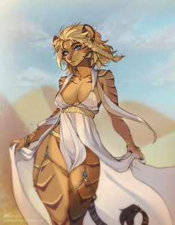 anthro arm_markings athletic athletic_anthro athletic_female bangs biped black_eyebrows blonde_hair blue_eyes bracelet braided_hair breasts brown_ears brown_markings brown_stripes brown_tail_tuft brown_tuft cleavage clothed clothed_anthro clothed_female clothing crotch_apron curvy_figure day desert dress ear_piercing egyptian egyptian_clothing eyebrows eyelashes eyeliner female female_anthro front_view fur gold_(metal) gold_jewelry greek_clothing hair head_markings holding_clothing holding_object hourglass_figure jewelry leg_markings long_dress looking_at_viewer makeup markings medium_breasts no_bra no_underwear outside piercing pink_nose pose pupils pyramid sand short_hair shoulder_markings side_braid sideless_dress skimpy sky slim slit_dress slit_pupils small_waist solo standing striped_body striped_fur striped_markings striped_tail stripes tail tail_markings tail_tuft tan_body tan_fur thick_thighs tuft white_clothing white_dress white_sclera wide_hipped_anthro wide_hipped_female wide_hips yellow_markings yellow_stripes balnurk felid hybrid liger mammal pantherine digital_media_(artwork) hi_res pinup portrait three-quarter_portrait