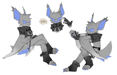 anthro blue_eyes clothing crop_top fashion fingerless_gloves fur gloves grey_body grey_fur handwear hoodie male open_shoes purple_eyes shirt topwear winged_arms wings pastry404 bat mammal model_sheet sketch_page
