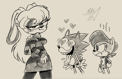 annoyed anthro bedroom_eyes blush blush_lines bodily_fluids drooling fangs female furrowed_brow group hand_on_butt heart_eyes heart_symbol looking_at_viewer looking_back looking_back_at_viewer male narrowed_eyes saliva seductive smitten teeth tongue tongue_out trio hotdiggedydemon sega sonic_the_hedgehog_(series) sally_acorn sonic_the_hedgehog vanilla_the_rabbit chipmunk eulipotyphlan ground_squirrel hedgehog hybrid lagomorph leporid mammal rabbit rodent sciurid tree_squirrel