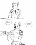 anthro clothing dialogue duo female flat_chested simple_background text bernielover disney zootopia becca_(bernielover) fan_character judy_hopps hyena lagomorph leporid mammal rabbit spotted_hyena english_text hi_res monochrome