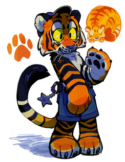 ambiguous_gender anthro black_striped_fur black_stripes bottomwear clothing denim denim_bottomwear denim_clothing denim_shorts fur hat headgear headwear orange_body orange_fur shorts simple_background smile solo standing stripes white_background yellow_sclera guaranteed_audio felid mammal pantherine tiger hi_res