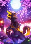 2019 anthro breasts cherry_blossom clothed clothing detailed_background dragon female fingers flower fur furred_dragon furred_scalie gaiawolfess hi_res moon mythological_creature mythological_scalie mythology night non-mammal_breasts outside plant prunus_(flower) scalie seikatsu sky solo standing tail wingless_dragon