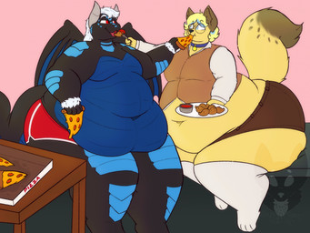 anthro belly big_belly biped black_body black_scales black_tail blonde_hair blue_body blue_collar blue_countershading blue_membrane blue_wings bottomwear box brown_bottomwear brown_clothing brown_shorts clothed clothed_anthro clothed_male clothing collar container countershade_scales countershading duo feederism feeding food fur furniture hair holding_object holding_plate male male/male male_anthro membrane_(anatomy) membranous_wings obese obese_anthro obese_male orange_clothing orange_topwear orange_vest overweight overweight_anthro overweight_male partially_clothed partially_clothed_anthro partially_clothed_male pizza pizza_box plate red_eyes scales shorts table tail topless topless_anthro topless_male topwear ventral_scales vest weight_gain white_hair wings yellow_body yellow_fur yellow_tail strawberrymilkdog mythology rialig canid canine dragon fox mammal mythological_creature mythological_scalie scalie hi_res