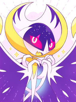 ambiguous_gender anthro cosmic_body fangs gesture heart_gesture looking_at_viewer open_mouth pink_eyes simple_background solo sparkles teeth tongue yellow_tongue prizma730 nintendo pokemon generation_7_pokemon legendary_pokemon lunala pokemon_(species) 2025 hi_res signature