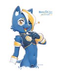 anthro arm_tuft blonde_hair blue_body blue_fur cheek_tuft clothed clothing facial_tuft femboy fur gloves hair handwear inner_ear_fluff looking_at_viewer male mascot navel one_eye_closed open_mouth shoulder_tuft simple_background solo tongue tongue_out tuft white_background white_hair white_inner_ear_fluff yellow_eyes yellow_tongue young koiyaroid 621_day e621 hexerade domestic_cat felid feline felis mammal half-length_portrait hi_res portrait